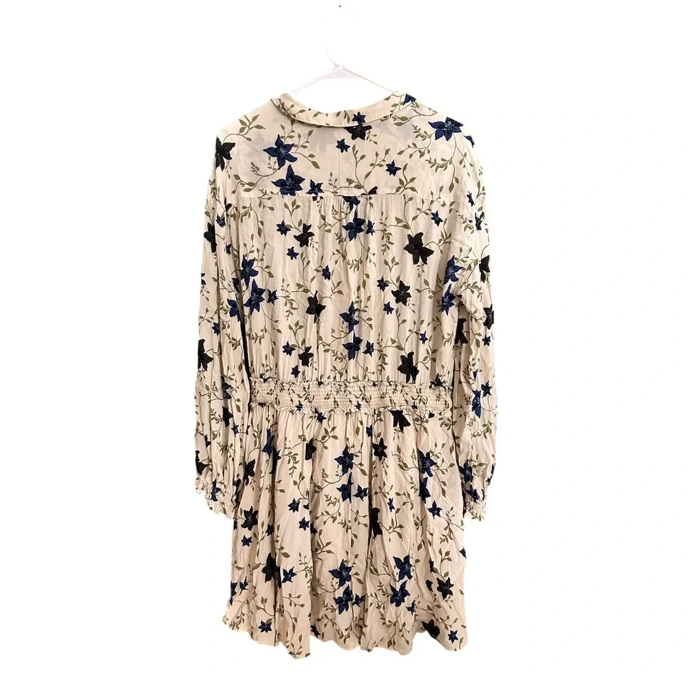 Free People Mini Dress Womens Large Cream Blue Floral Smocked Waist Long Sleeve